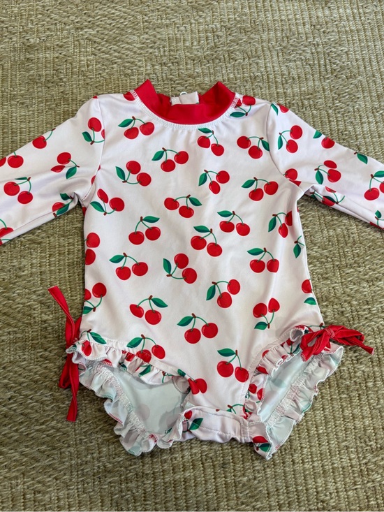 BesserBay Other - Girls' Cherry Print Long-Sleeve One-Piece Swim Suit - Pink/Red